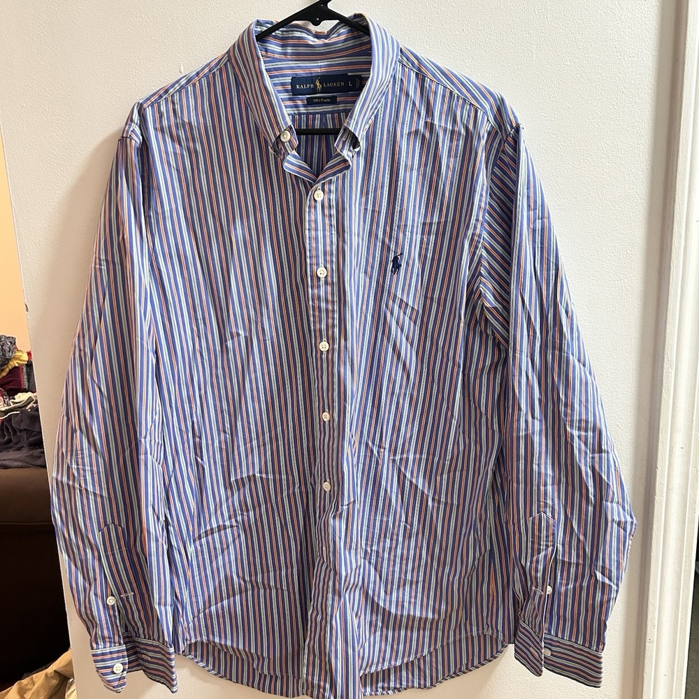 Ralph‎ Lauren 120s Poplin Striped Button Down Shirt Mens Large Blue Orange L/S
